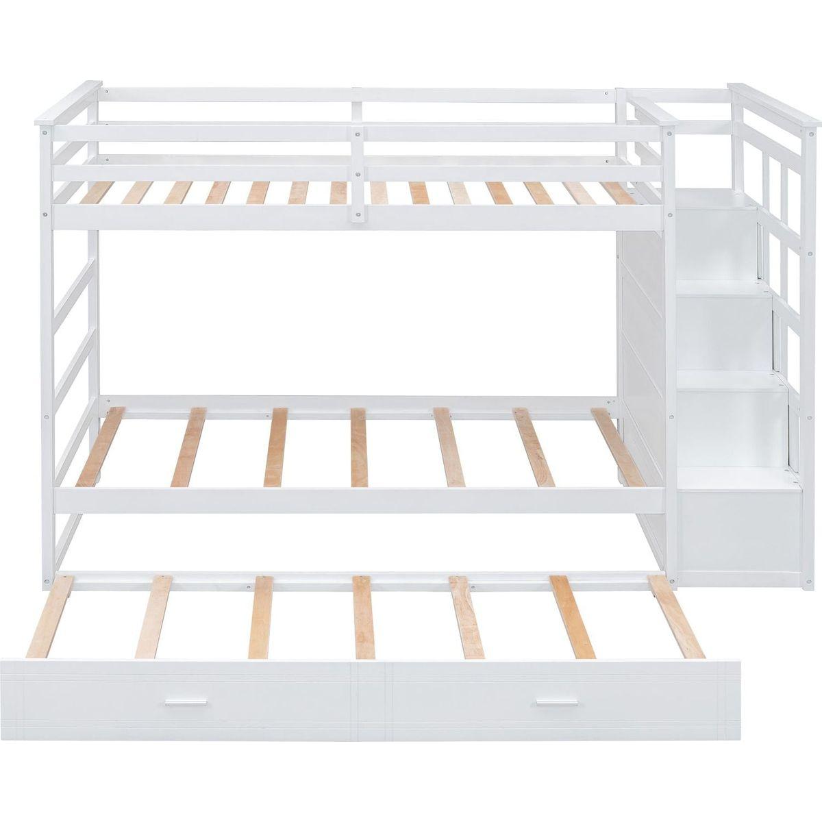 Twin Over Twin Bunk Bed with Trundle and Staircase,White