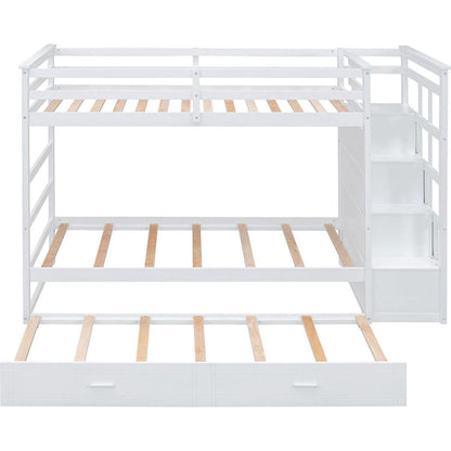 Twin Over Twin Bunk Bed with Trundle and Staircase,White