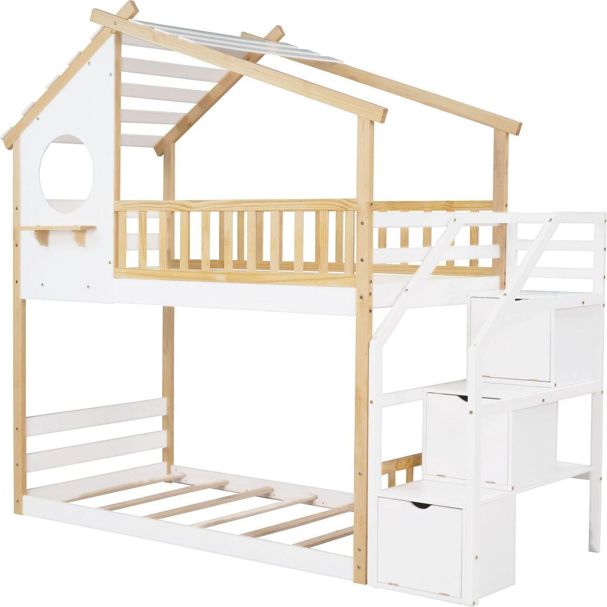 Stairway Twin-Over-Twin Bunk Bed,House Bed,Storage and Guard Rail,Natural Bed +White Stair