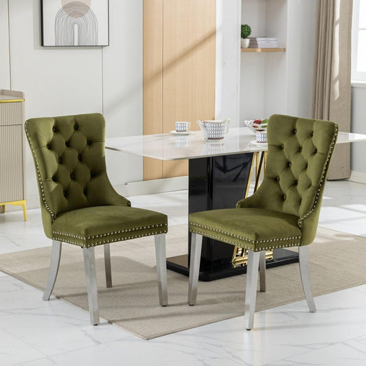 Nikki Collection Modern, High-end Tufted Solid Wood Contemporary Velvet Upholstered Dining Chair with Chrome Stainless Steel Plating Legs,Nailhead Trim,Set of 2,Olive-Green and Chrome