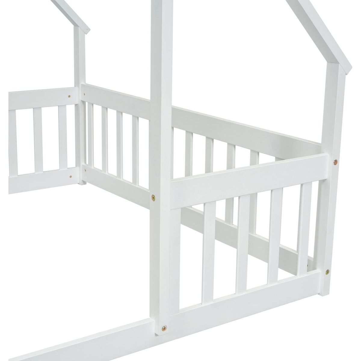 Full Wood House-Shaped Floor Bed with Fence, Guardrails,White