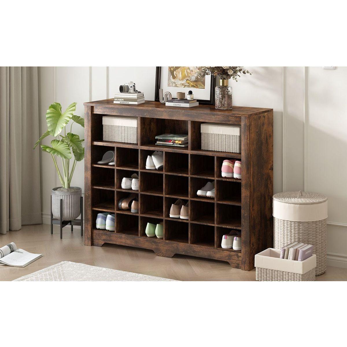 Sleek Design 24 Shoe Cubby Console, Modern Shoe Cabinet with Curved Base, Versatile Sideboard with High-quality for Hallway, Bedroom, Living Room, Rustic Brown