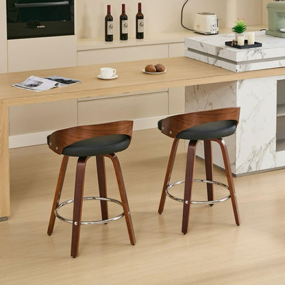 Bar Stools Set of 2, Swivel Bar Height Stools with Low Back, Wood Bar Chairs with Soft Cushion Seat, 25-Inch Seat Height (Black, 25" Counter Height) - Streamdale Furniture
