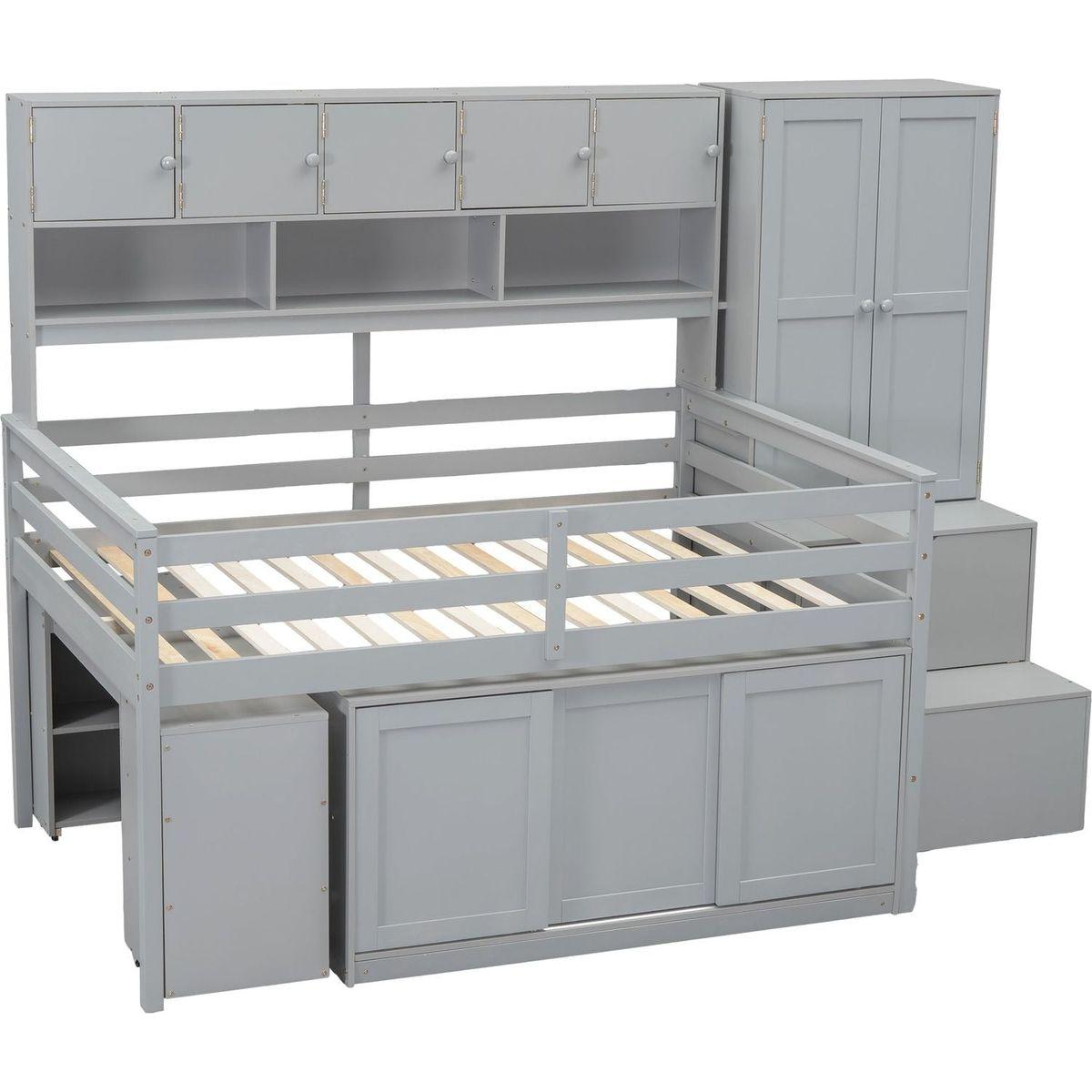 Full Size Wooden Loft Bed Big Storage with Under-bed Desk, with Drawers, with Shelves, Gray
