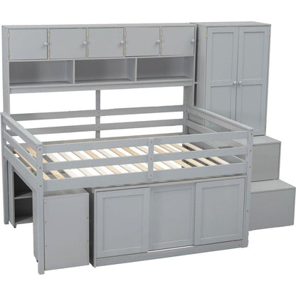 Full Size Wooden Loft Bed Big Storage with Under-bed Desk, with Drawers, with Shelves, Gray