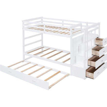 Twin Over Twin Bunk Bed with Trundle and Staircase,White