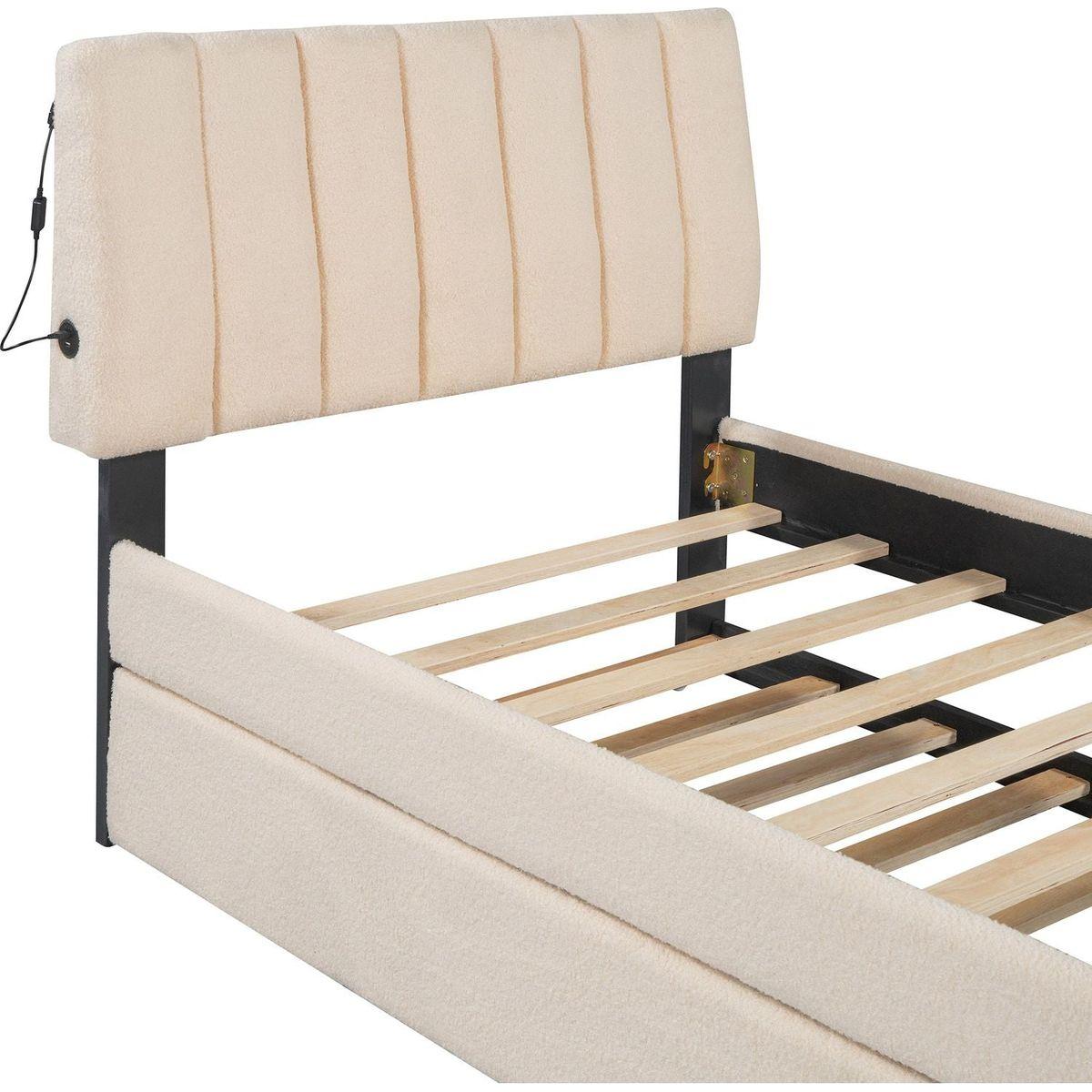Teddy Fleece Twin Size Upholstered Platform Bed with Trundle, Beige