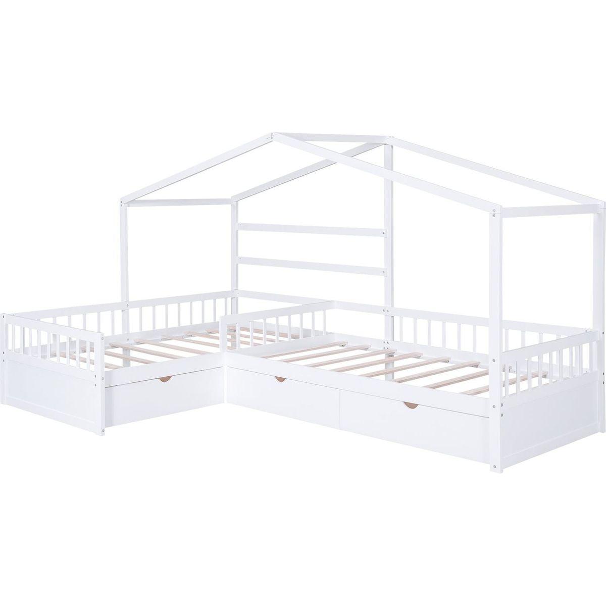 Twin Size House Platform Bed with Three Storage Drawers,White