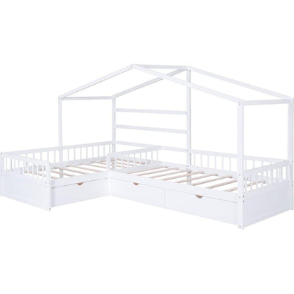Twin Size House Platform Bed with Three Storage Drawers,White