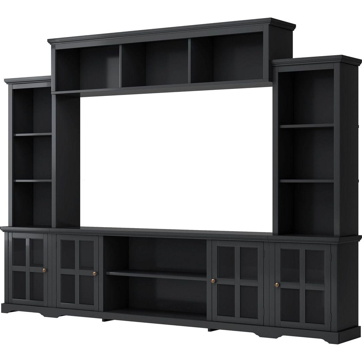 Minimalism Style Entertainment Wall Unit with Bridge, Modern TV Console Table for TVs Up to 70", Multifunctional TV Stand with Tempered Glass Door, Black