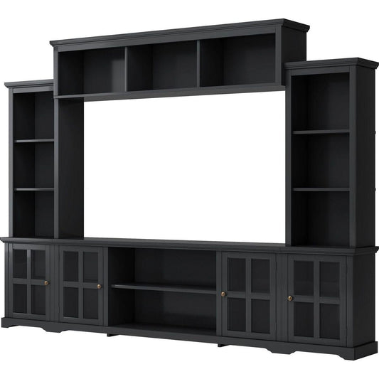 Minimalism Style Entertainment Wall Unit with Bridge, Modern TV Console Table for TVs Up to 70", Multifunctional TV Stand with Tempered Glass Door, Black