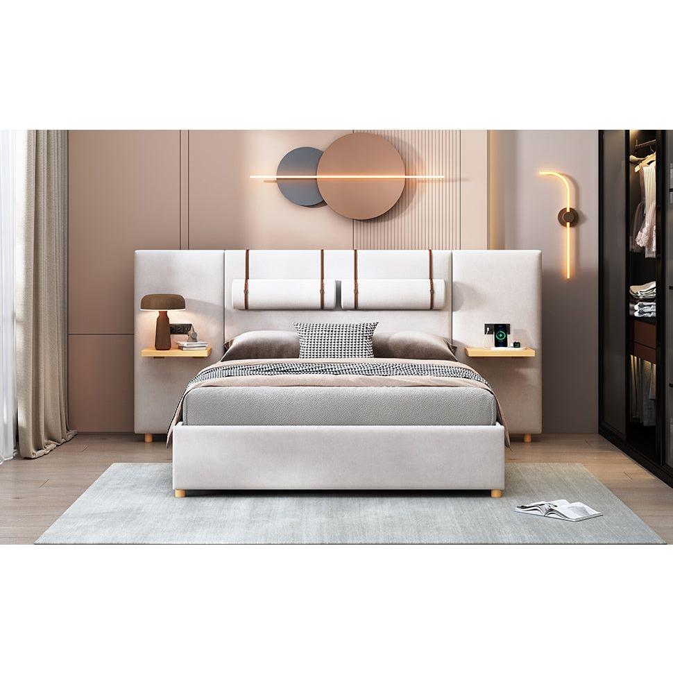 Queen Size Upholstered Platform Bed, Two Outlets and USB Charging Ports on Both Sides, Two Bedside Pillows, Storage Shelves,Velvet, Beige