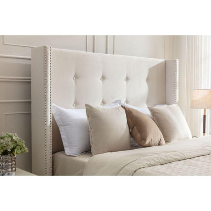 Upholstered King Bed / 54" High Headboard / Traditional Hand Buttoned Tufting / Nailhead Trim Wingback / No Box Spring Needed / Easy Assembly / Ivory Velvet