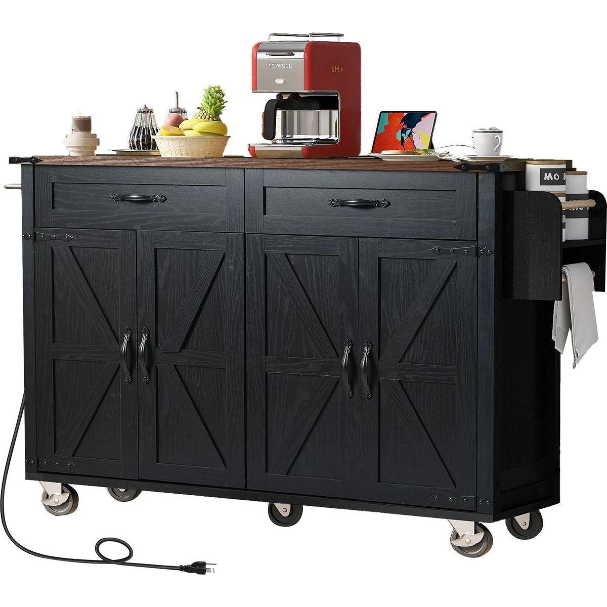 53.5"Farmhouse Kitchen Island with Power Outlet, Kitchen Storage Island with Drop Leaf, Spice Rack and Drawer, Rolling Kitchen Cart on Wheels, for Home, Kitchen and Dining Room, Black