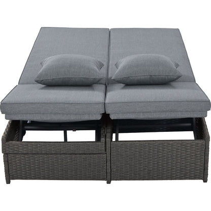 Outdoor Double Sunbed, Wicker Rattan Patio Reclining Chairs with Adjustable Backrest and Seat, Conversational Set for 2 Person, Gray