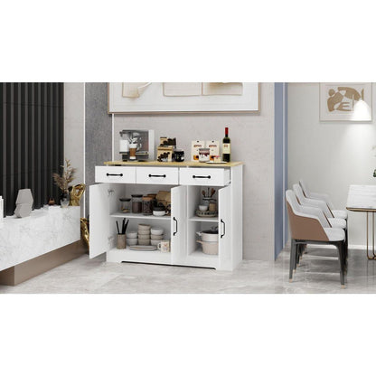Farmhouse Buffet Cabinet Storage Sideboard with 3 Drawers and 3 Doors for Dining Living Room Kitchen Cupboard-White
