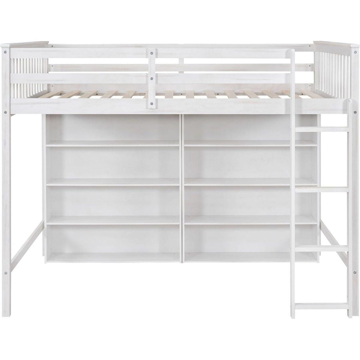 Full Size Loft Bed with 8 Open Storage Shelves and Built-in Ladder, White
