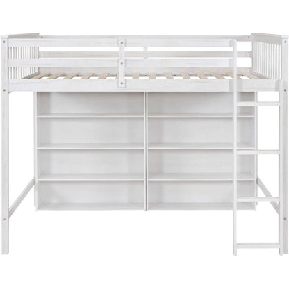 Full Size Loft Bed with 8 Open Storage Shelves and Built-in Ladder, White