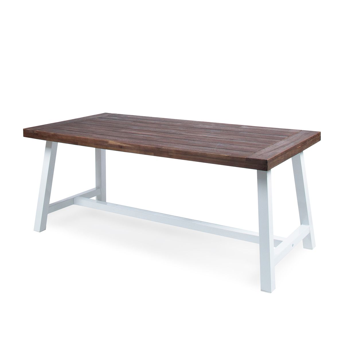 Outdoor Dark Brown Sandblast Finish Acacia Wood Dining Table with White Rustic Metal Frame, Weather Resistant