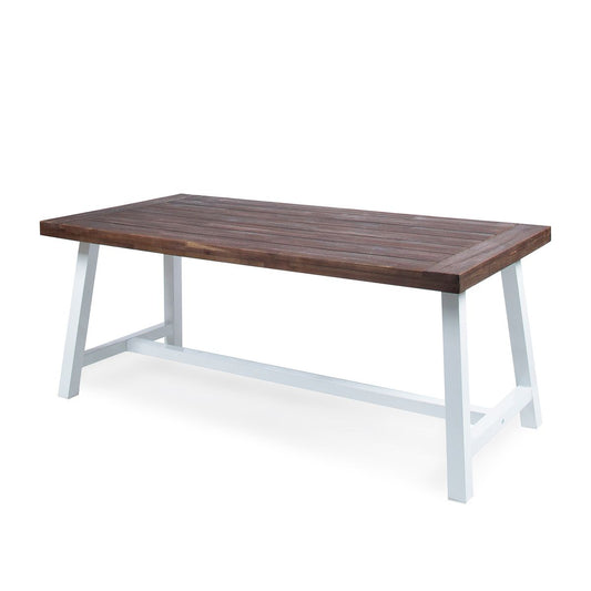 Outdoor Dark Brown Sandblast Finish Acacia Wood Dining Table with White Rustic Metal Frame, Weather Resistant