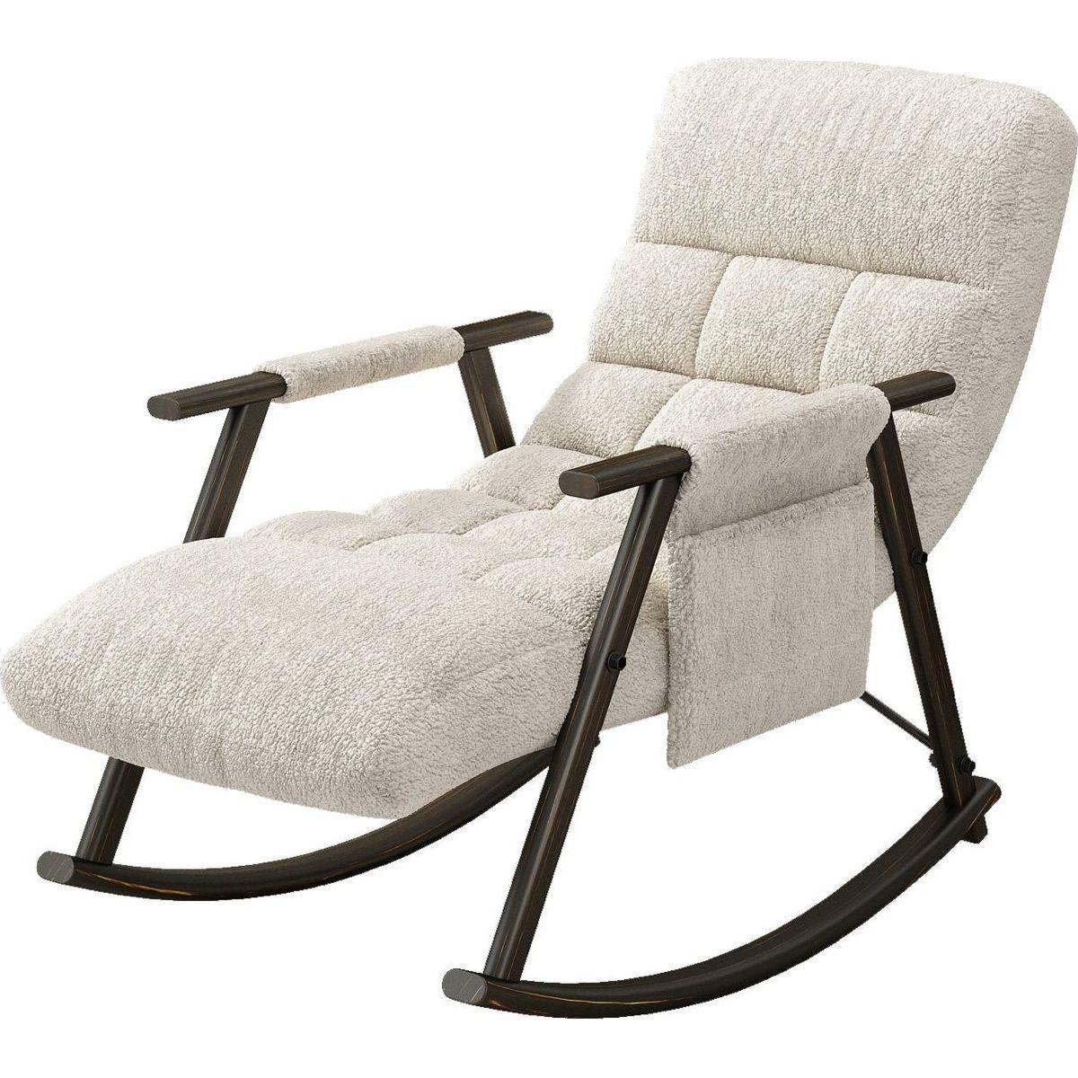 Casual folding rocking chair upholstered, lounge rocking chair adjustable high back and foot rest,side pockets placed in living room bedroom balcony