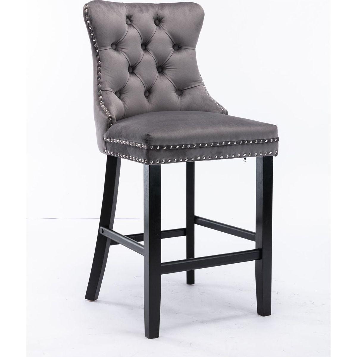 Contemporary Velvet Upholstered Barstools with Button Tufted Decoration and Wooden Legs, and Chrome Nailhead Trim, Leisure Style Bar Chairs,Bar stools, Set of 2 (Gray)