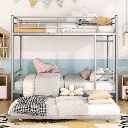 Full Over Full Metal Bunk Bed with Trundle, Silver
