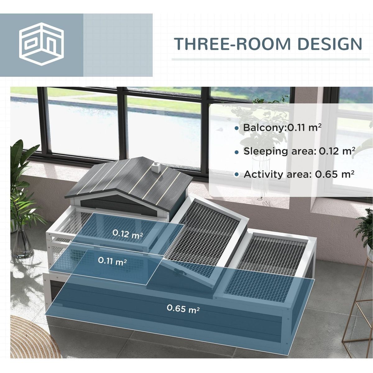 3-Room Tortoise House Habitat with Balcony & 2 Stories, Indoor/Outdoor Wooden Tortoise Enclosure with Ladder, Tray, Openable Roof, Large Reptile Cage, 44" x 25.5" x 23", Gray