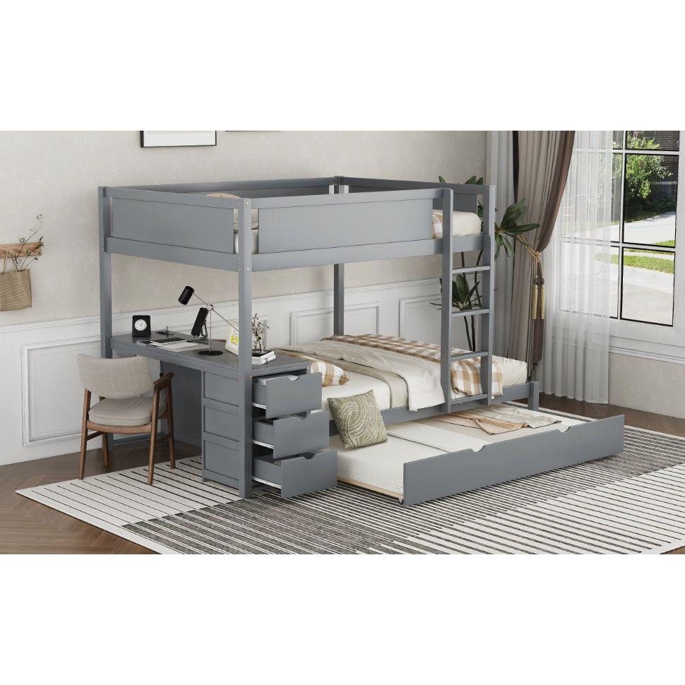 Full-Over-Full Bunk Bed with Twin size Trundle, Storage and Desk, Gray