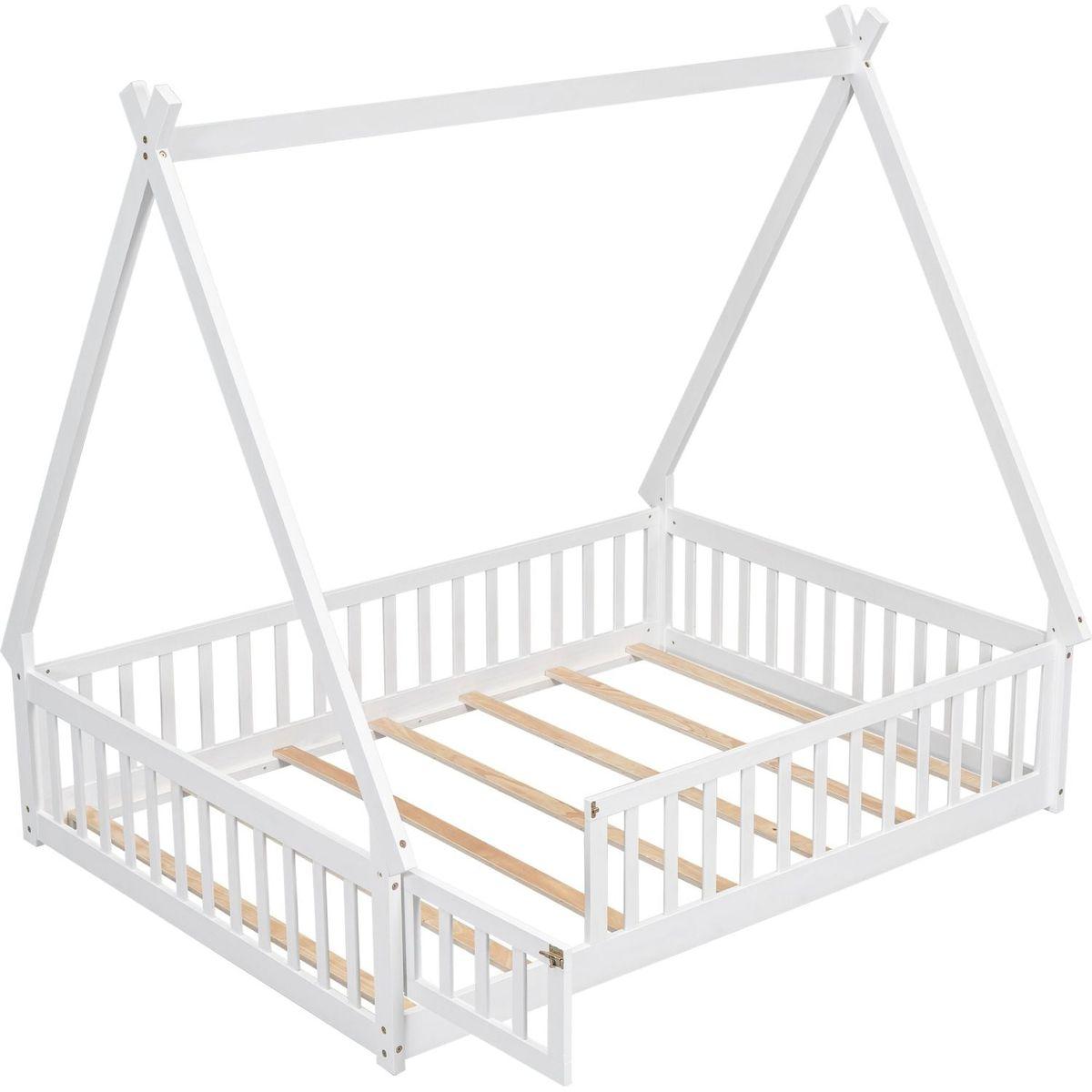 Full Tent-shaped Floor Bed, with Guardrails, Slats, Door, White