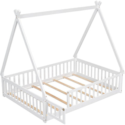 Full Tent-shaped Floor Bed, with Guardrails, Slats, Door, White