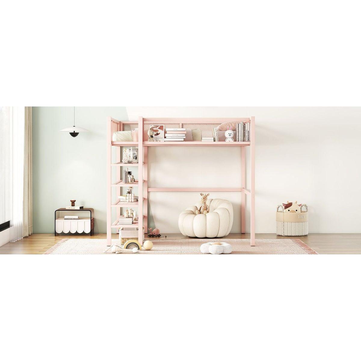 Full Size Metal Loft Bed with 4-Tier Shelves and Storage, Pink