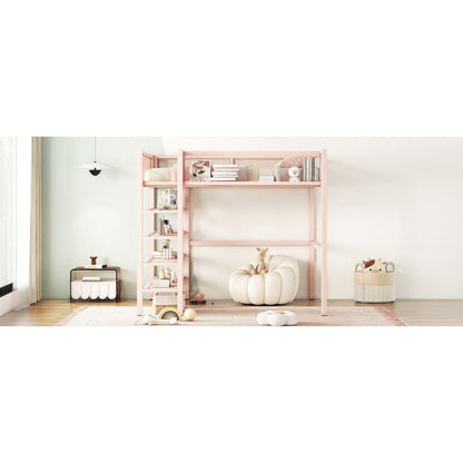Full Size Metal Loft Bed with 4-Tier Shelves and Storage, Pink