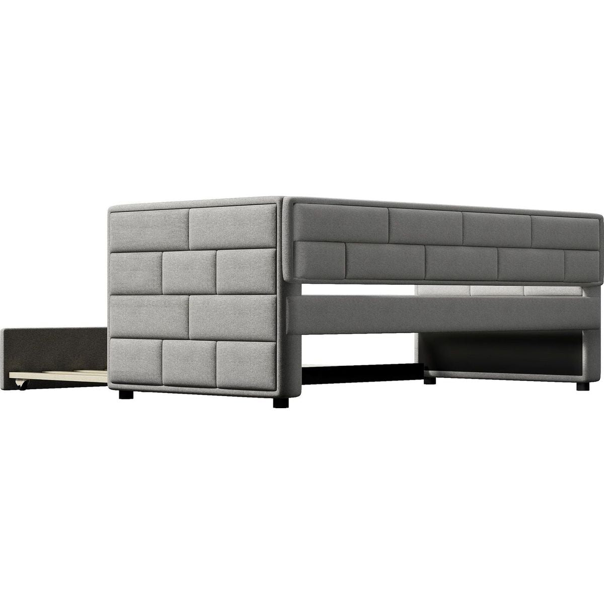 Twin Size Daybed with Trundle, Upholstered Daybed with Padded Back, Gray
