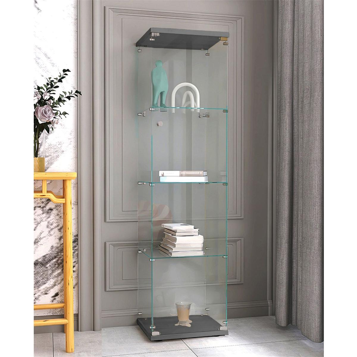 Lighted 4 Shelves Glass Cabinet Glass Display Cabinet with One Door, Black