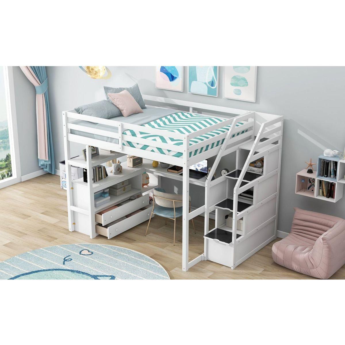 Full Size Loft Bed with Desk and Shelves, Two Built-in Drawers, Storage Staircase, White