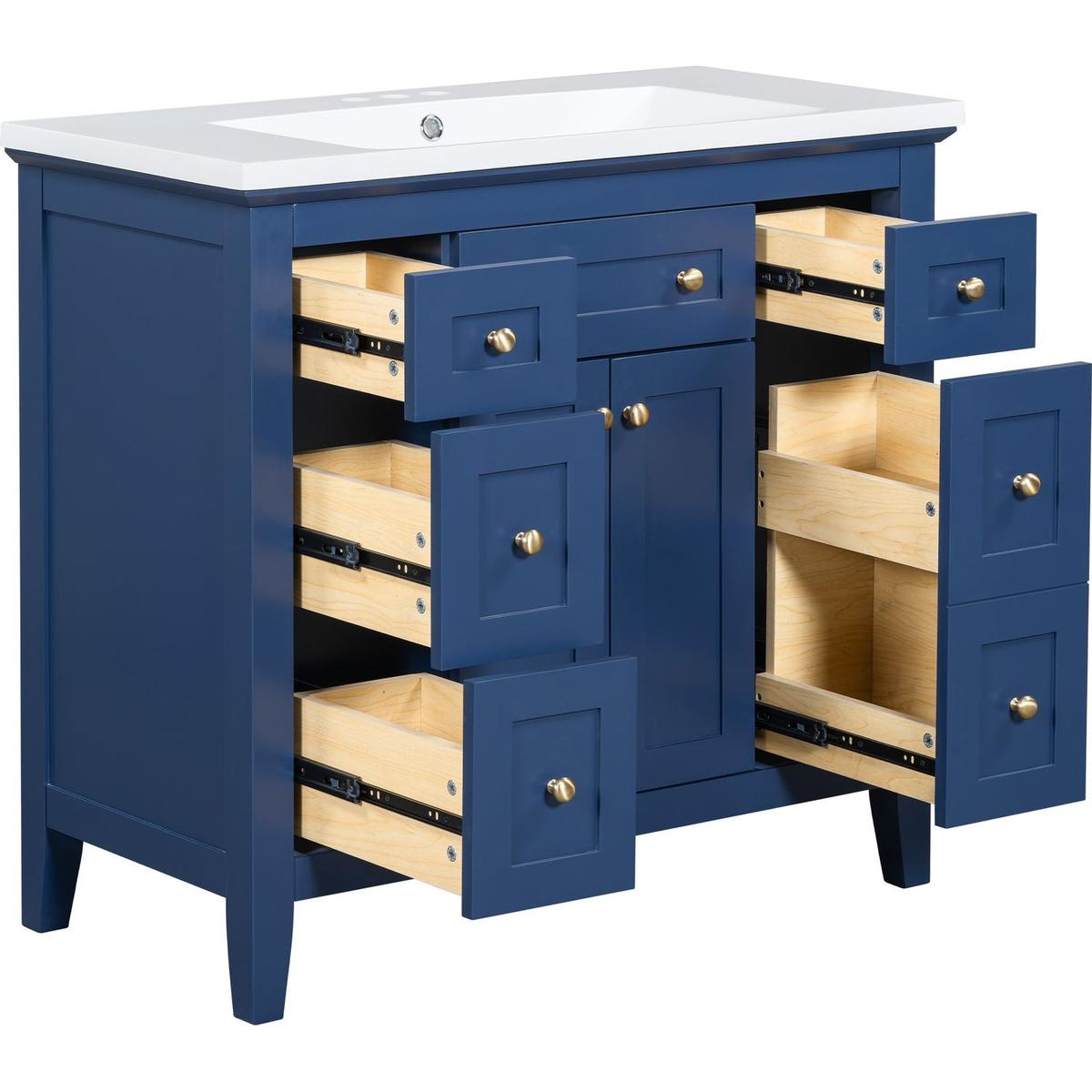 36" Bathroon Vanity with Resin Sink Combo Set, Modern Freestanding Single Bathroom Cabinet with 6 Drawers & 2 Cabinets, Storage Cabinet for Bathroom, Solid Wood Frame Vanity Set, Blue