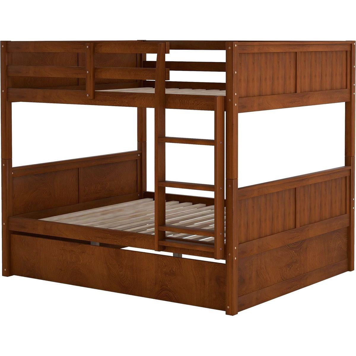 Full Over Full Bunk Bed with Twin Size Trundle, Walnut