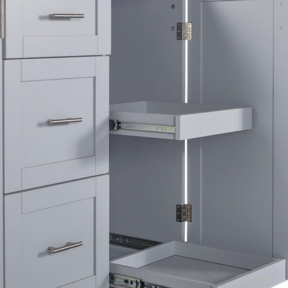 Rolling Kitchen Island with Storage, Kitchen Cart with Rubber Wood Top, 3 Drawer, 2 Slide-Out Shelf and Internal Storage Rack, Kitchen Island on Wheels with Spice Rack & Tower Rack, Grey Blue