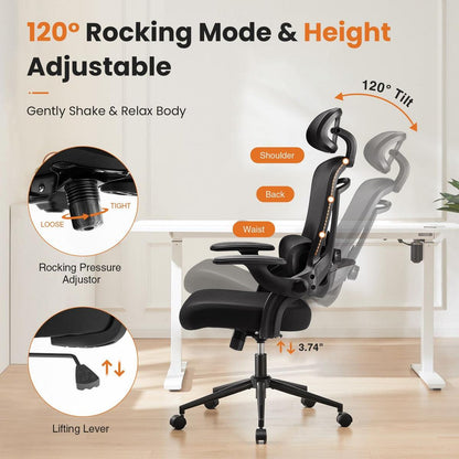 High Back Desk Chair with Adjustable Lumbar Support & Headrest,Comfortable Mesh Computer Chair with Soft Flip Up Arms, Adjustable Height and 120Tilt,Black