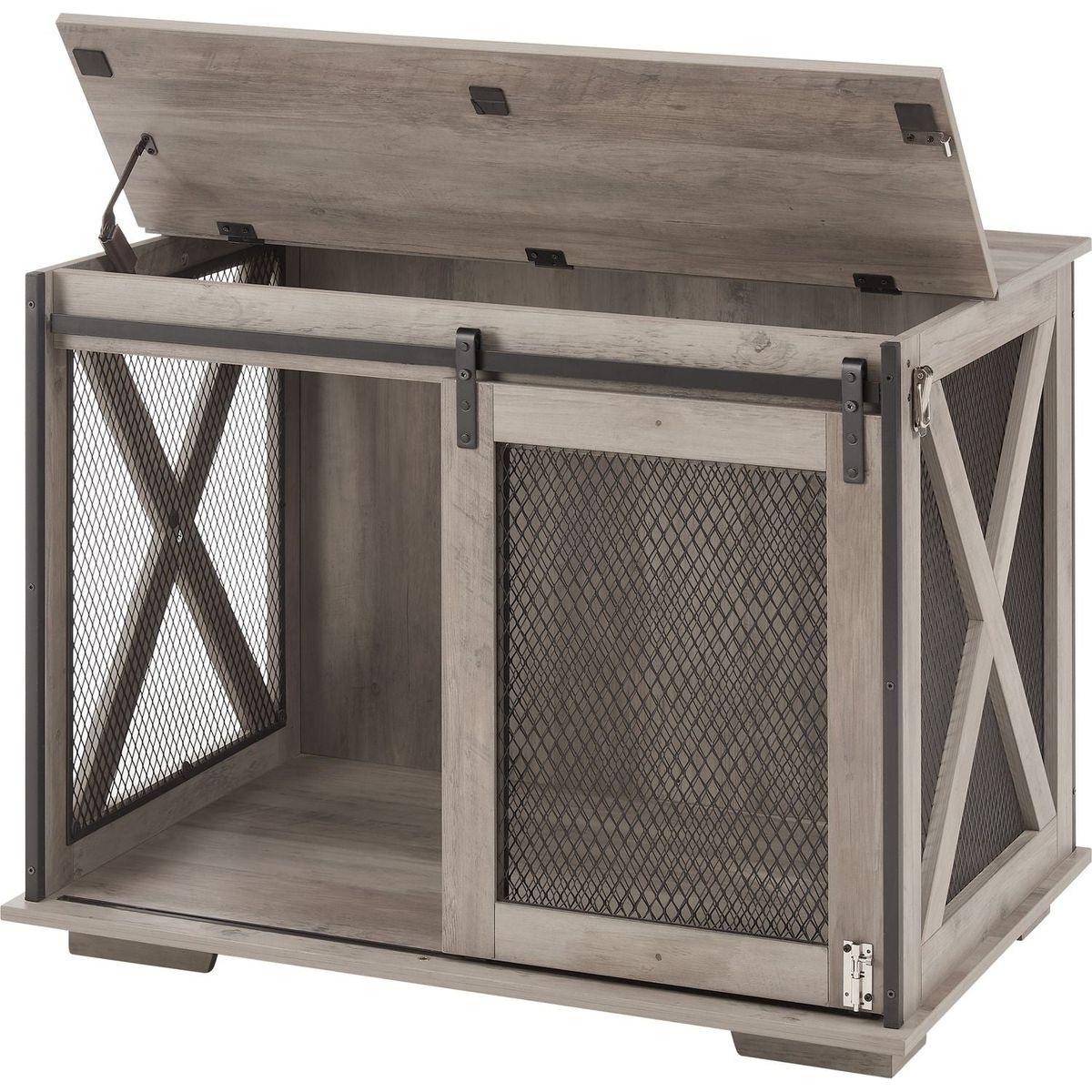 Farmhouse Dog Cage Crate Furniture with Sliding Barn Door, Farmhouse Wooden Dog Kennel End Table with Flip-top Plate Dog House with Detachable Divider for Small/Medium/Large Dog Gray
