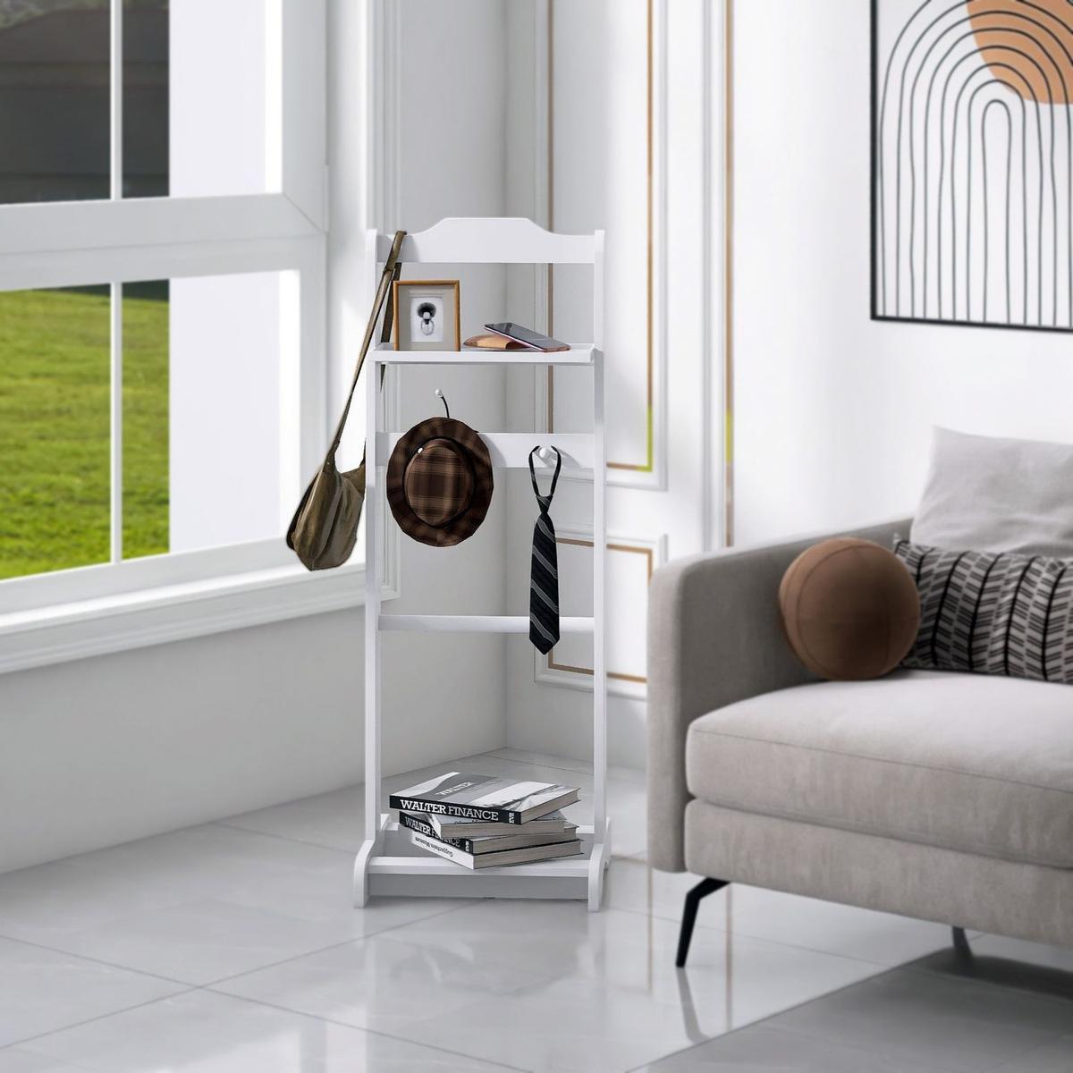 Accent Portable Garment Rack,Clothes Valet Stand with Storage Organizer,White Finish