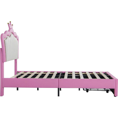 Twin Size Upholstered Bed Frame with LED Lights, Modern Upholstered Princess Bed with Crown Headboard, a Drawer, Pink+White