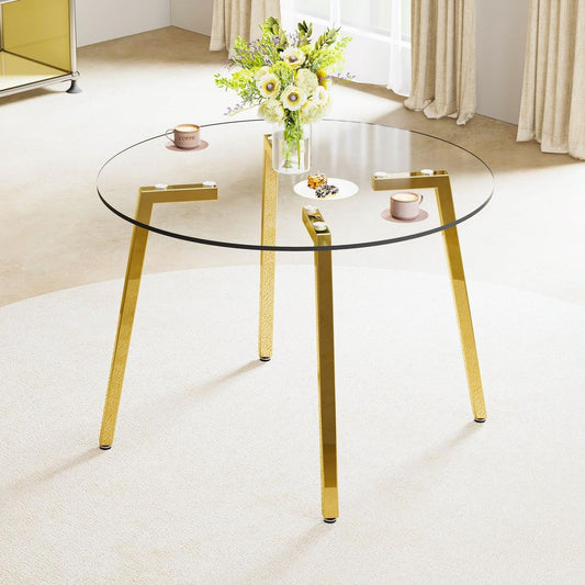 Modern minimalist style circular transparent tempered glass table, tempered glass tabletop, golden metal legs, suitable for kitchen, dining room, and living room, 42 "x 42" x 29.5 "1123r