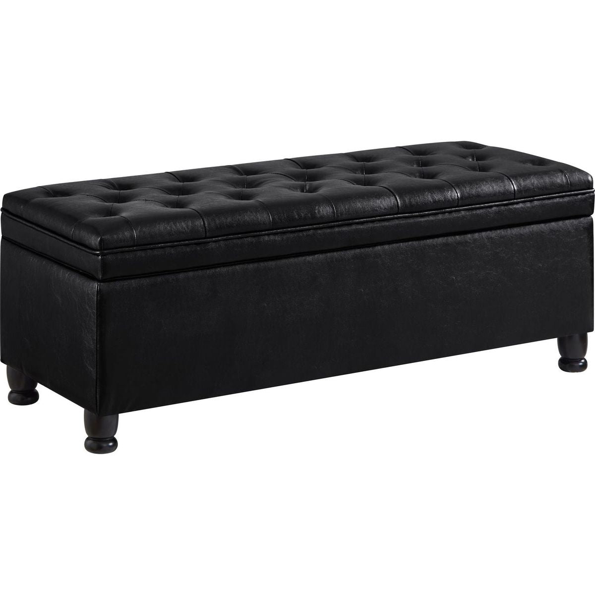 Upholstered tufted button storage bench, Faux leather entry bench with spindle wooden legs, Bed bench- Black