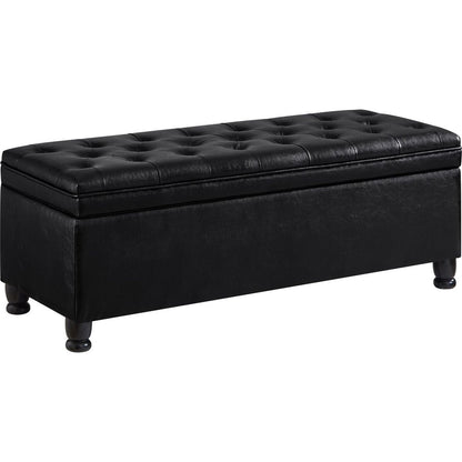 Upholstered tufted button storage bench, Faux leather entry bench with spindle wooden legs, Bed bench- Black