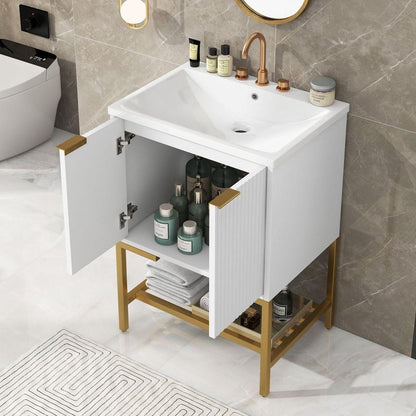 24" Bathroom Vanity with Sink, Bathroom Vanity Cabinet with Two Doors and Gold Metal Frame, Open Storage Shelf, White