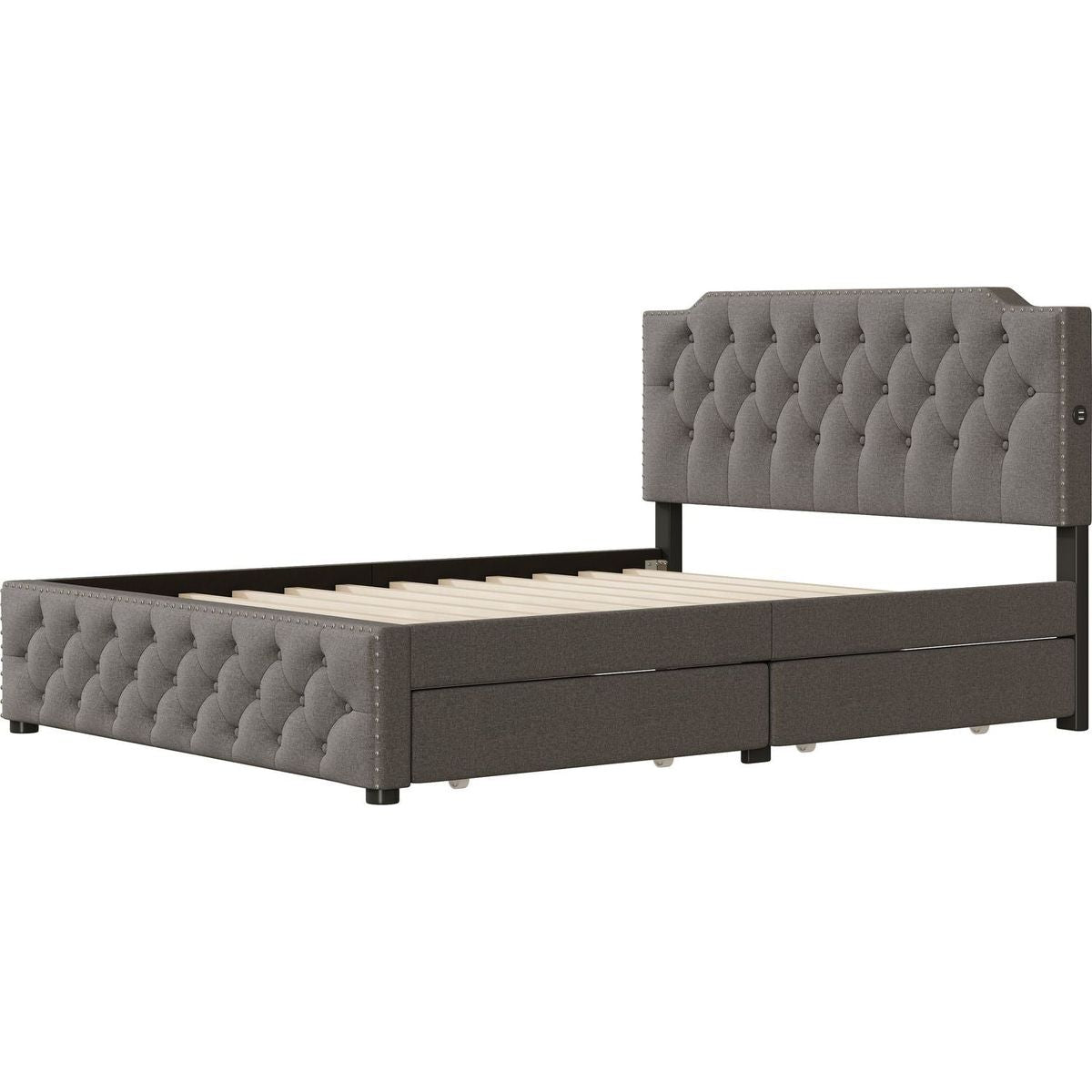 Queen Size Upholstered Platform Bed with 2 Drawers and 2 sets of USB Ports on each side, Linen Fabric, Gray