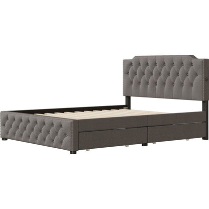 Queen Size Upholstered Platform Bed with 2 Drawers and 2 sets of USB Ports on each side, Linen Fabric, Gray