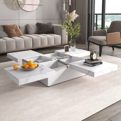 Square Marble Veneer Coffee Table Sliding Top with Storage in White 39.4"